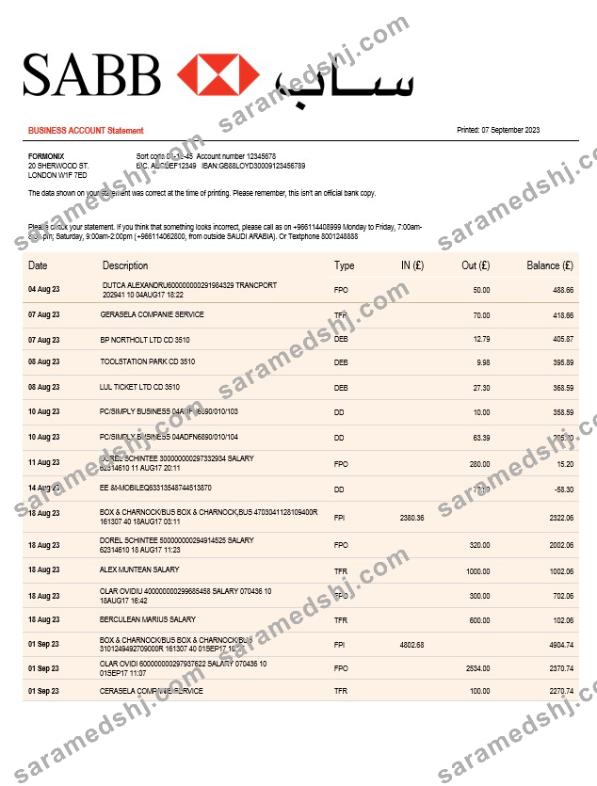 SABB Bank company statement Word and PDF template
